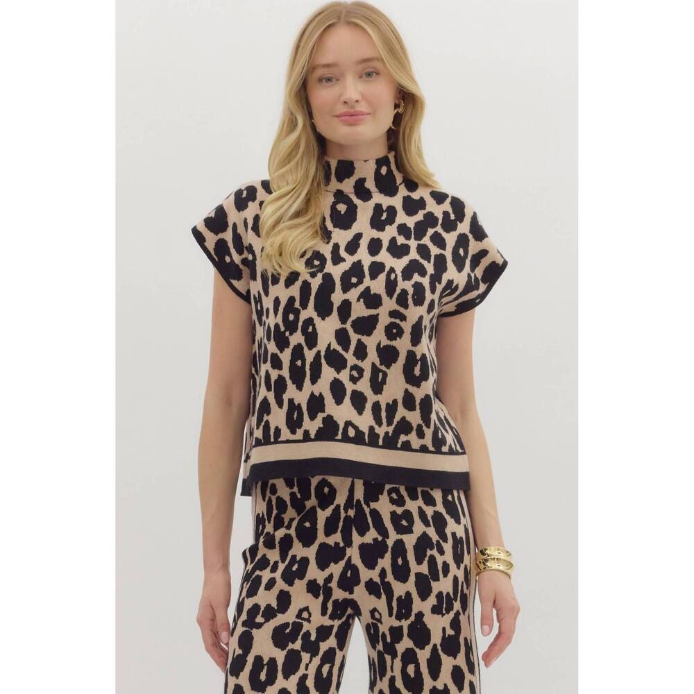 entro Beige and Black Leopard Print Short-Sleeve Turtleneck Sweater